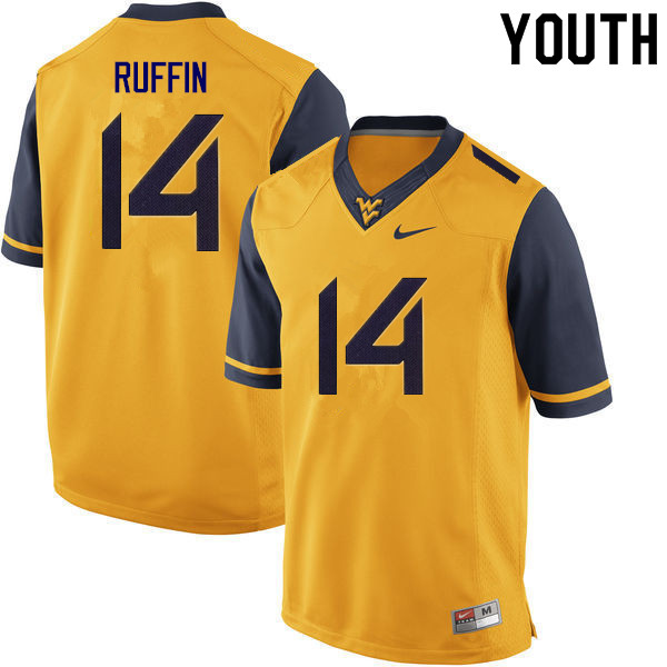 Youth #14 Malachi Ruffin West Virginia Mountaineers College Football Jerseys Sale-Gold